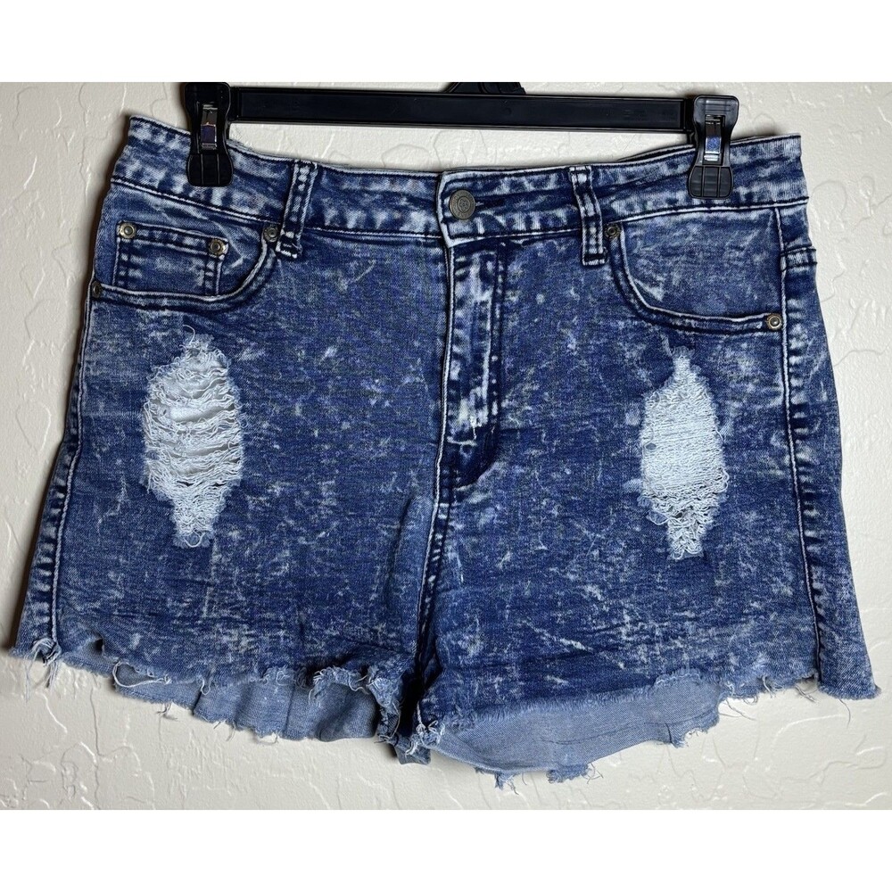 Judy Blue Womens L Acid Wash Denim Shorts Distressed Frayed Hem High Rise